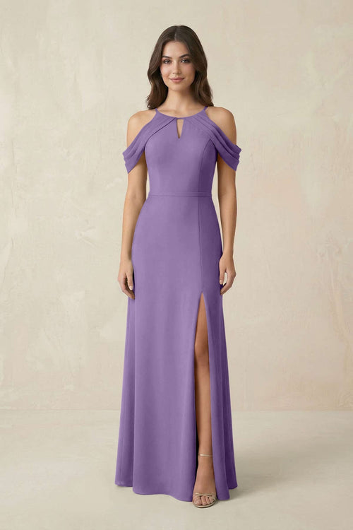 Off - the - Shoulder Chiffon Sheath Bridesmaid Dress With Slit in Tahiti - KissProm Bridesmaid Dresses