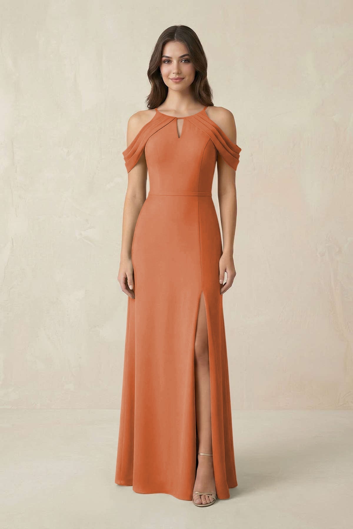 KissProm Off-the-Shoulder Chiffon Sheath Bridesmaid Dress With Slit in Terracotta, Terracotta / 12