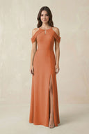 Off - the - Shoulder Chiffon Sheath Bridesmaid Dress With Slit in Terracotta - KissProm Bridesmaid Dresses