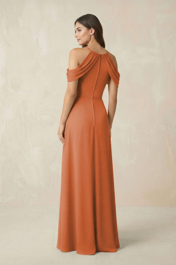 Off - the - Shoulder Chiffon Sheath Bridesmaid Dress With Slit in Terracotta - KissProm Bridesmaid Dresses