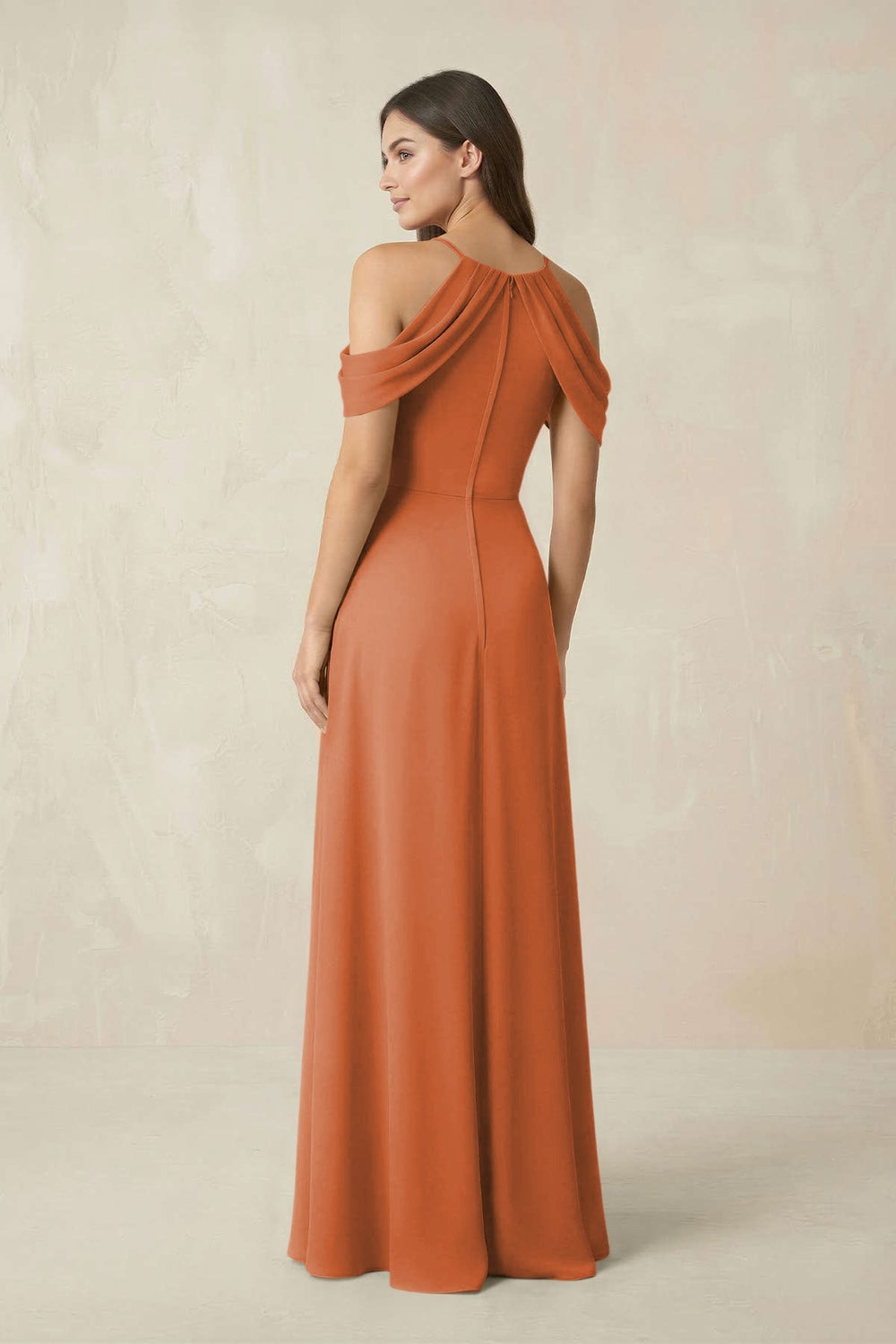 Off - the - Shoulder Chiffon Sheath Bridesmaid Dress With Slit in Terracotta - KissProm Bridesmaid Dresses