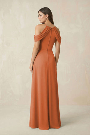 Off - the - Shoulder Chiffon Sheath Bridesmaid Dress With Slit in Terracotta - KissProm Bridesmaid Dresses