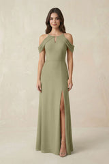 Off - the - Shoulder Chiffon Sheath Bridesmaid Dress With Slit in Thyme - KissProm Bridesmaid Dresses
