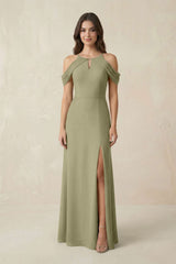 Off - the - Shoulder Chiffon Sheath Bridesmaid Dress With Slit in Thyme - KissProm Bridesmaid Dresses