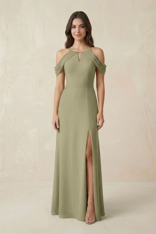 Off - the - Shoulder Chiffon Sheath Bridesmaid Dress With Slit in Thyme - KissProm Bridesmaid Dresses