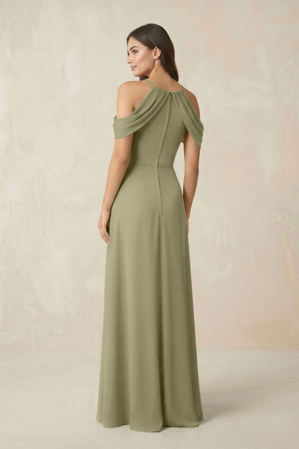 Off - the - Shoulder Chiffon Sheath Bridesmaid Dress With Slit in Thyme - KissProm Bridesmaid Dresses