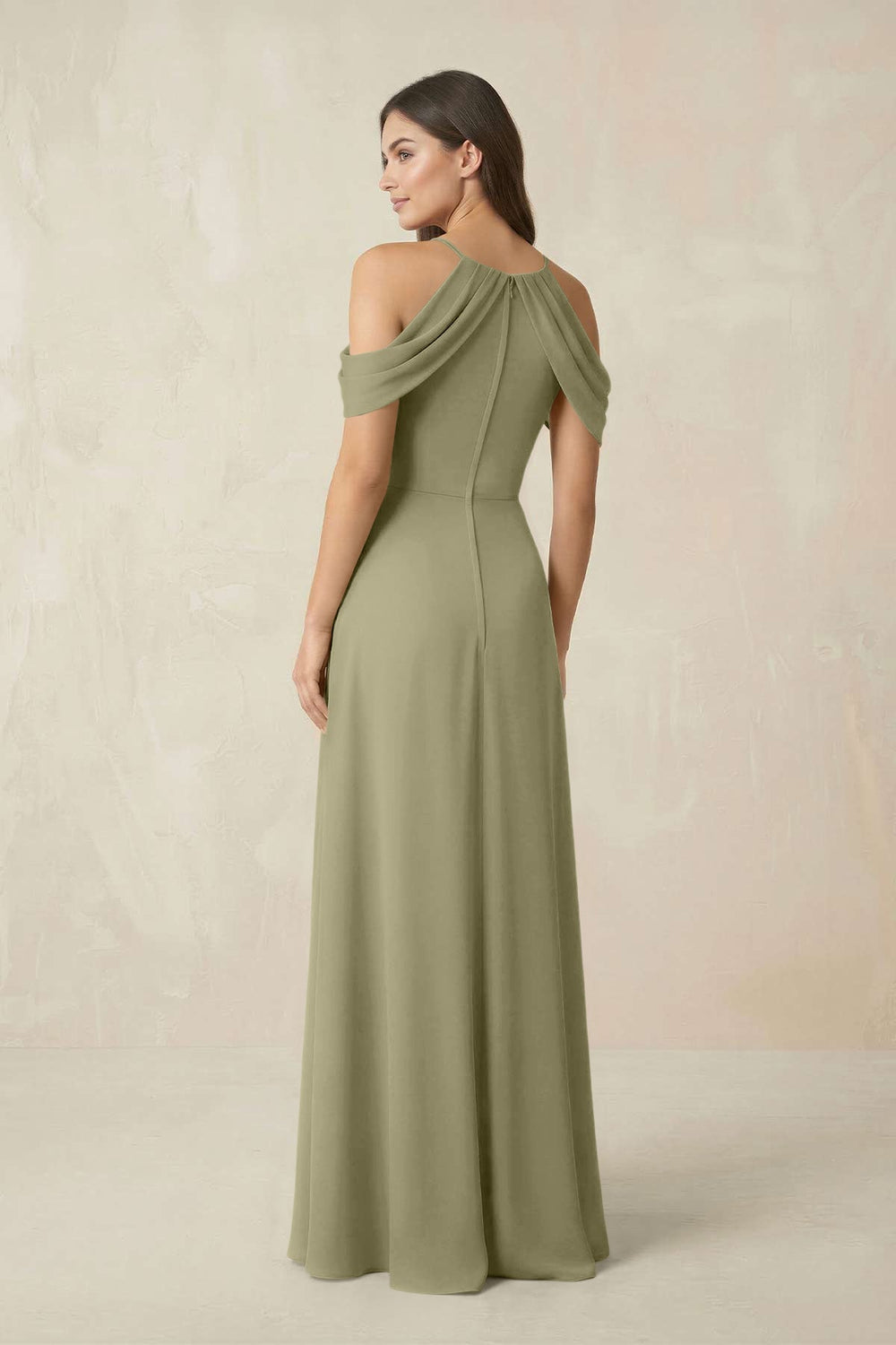 Off - the - Shoulder Chiffon Sheath Bridesmaid Dress With Slit in Thyme - KissProm Bridesmaid Dresses