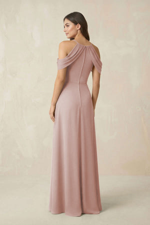 Off - the - Shoulder Chiffon Sheath Bridesmaid Dress With Slit in Toffee - KissProm Bridesmaid Dresses