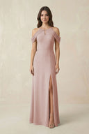 Off - the - Shoulder Chiffon Sheath Bridesmaid Dress With Slit in Toffee - KissProm Bridesmaid Dresses