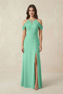 Off - the - Shoulder Chiffon Sheath Bridesmaid Dress With Slit in Turquoise - KissProm Bridesmaid Dresses