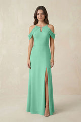 Off - the - Shoulder Chiffon Sheath Bridesmaid Dress With Slit in Turquoise - KissProm Bridesmaid Dresses