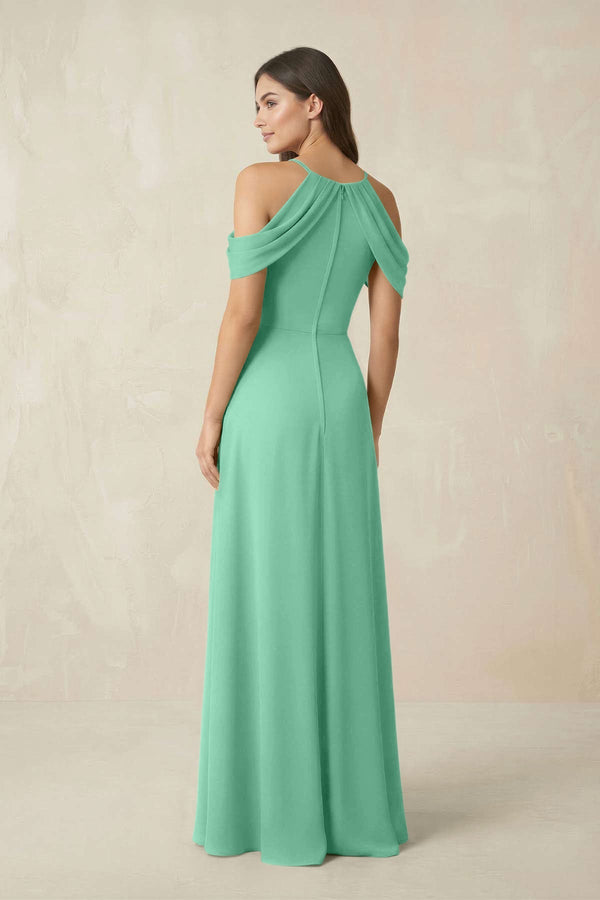 Off - the - Shoulder Chiffon Sheath Bridesmaid Dress With Slit in Turquoise - KissProm Bridesmaid Dresses