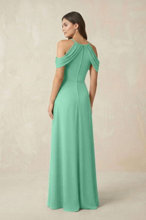 Off - the - Shoulder Chiffon Sheath Bridesmaid Dress With Slit in Turquoise - KissProm Bridesmaid Dresses