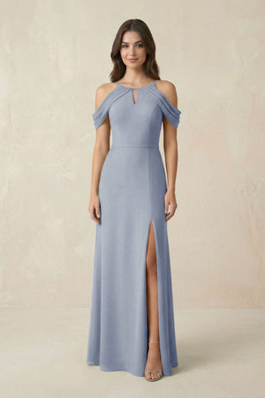 Off - the - Shoulder Chiffon Sheath Bridesmaid Dress With Slit in Twilight - KissProm Bridesmaid Dresses