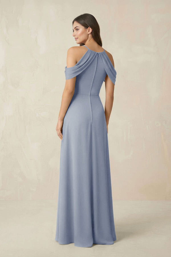 Off - the - Shoulder Chiffon Sheath Bridesmaid Dress With Slit in Twilight - KissProm Bridesmaid Dresses