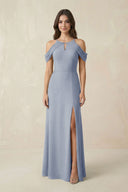 Off - the - Shoulder Chiffon Sheath Bridesmaid Dress With Slit in Twilight - KissProm Bridesmaid Dresses