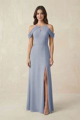 Off - the - Shoulder Chiffon Sheath Bridesmaid Dress With Slit in Twilight - KissProm Bridesmaid Dresses