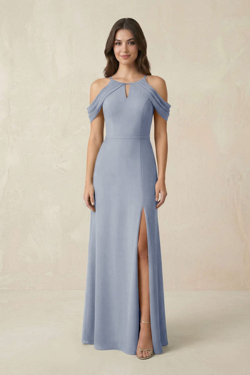 Off - the - Shoulder Chiffon Sheath Bridesmaid Dress With Slit in Twilight - KissProm Bridesmaid Dresses