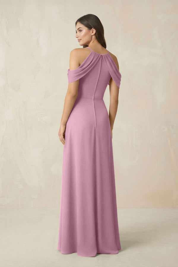 Off - the - Shoulder Chiffon Sheath Bridesmaid Dress With Slit in Vintage Mauve - KissProm Bridesmaid Dresses