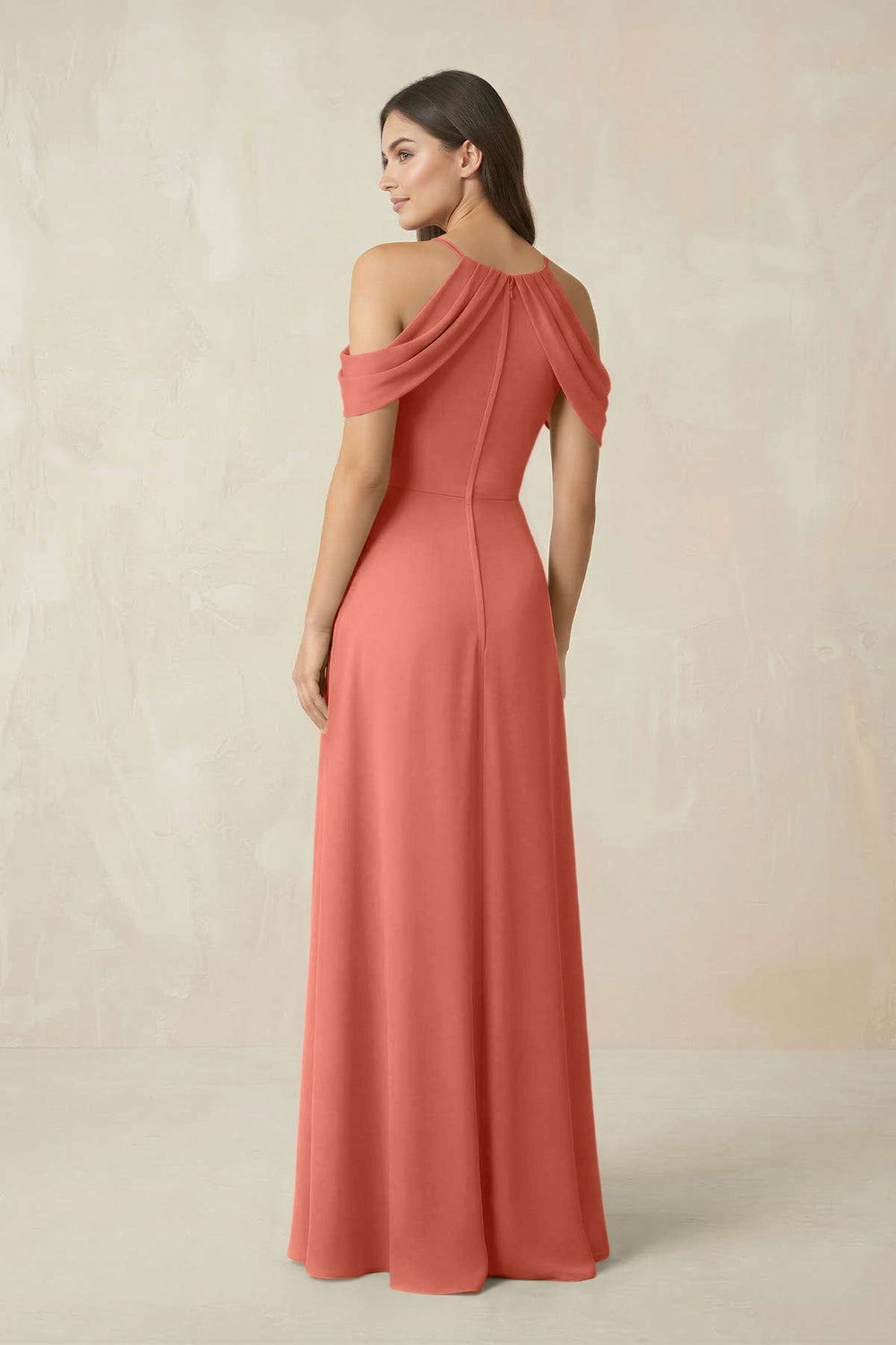 Off - the - Shoulder Chiffon Sheath Bridesmaid Dress With Slit in Wild Rose - KissProm Bridesmaid Dresses