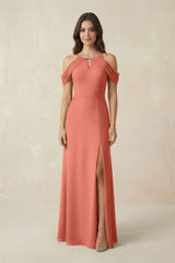 Off - the - Shoulder Chiffon Sheath Bridesmaid Dress With Slit in Wild Rose - KissProm Bridesmaid Dresses