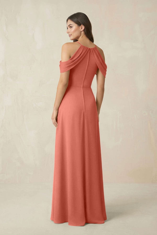 Off - the - Shoulder Chiffon Sheath Bridesmaid Dress With Slit in Wild Rose - KissProm Bridesmaid Dresses