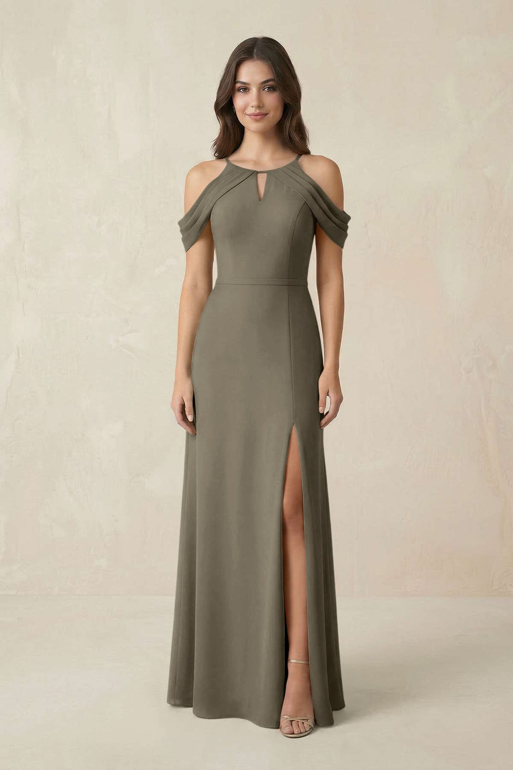 Off - the - Shoulder Chiffon Sheath Bridesmaid Dress With Slit in Willow Green - KissProm Bridesmaid Dresses