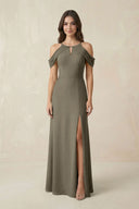 Off - the - Shoulder Chiffon Sheath Bridesmaid Dress With Slit in Willow Green - KissProm Bridesmaid Dresses