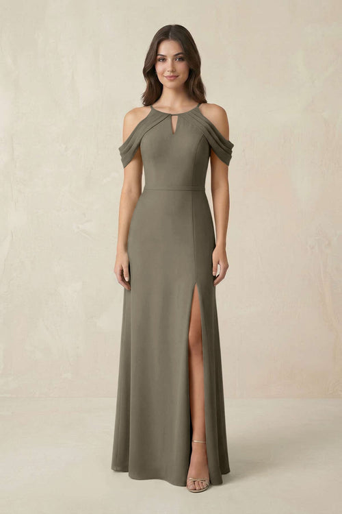 Off - the - Shoulder Chiffon Sheath Bridesmaid Dress With Slit in Willow Green - KissProm Bridesmaid Dresses