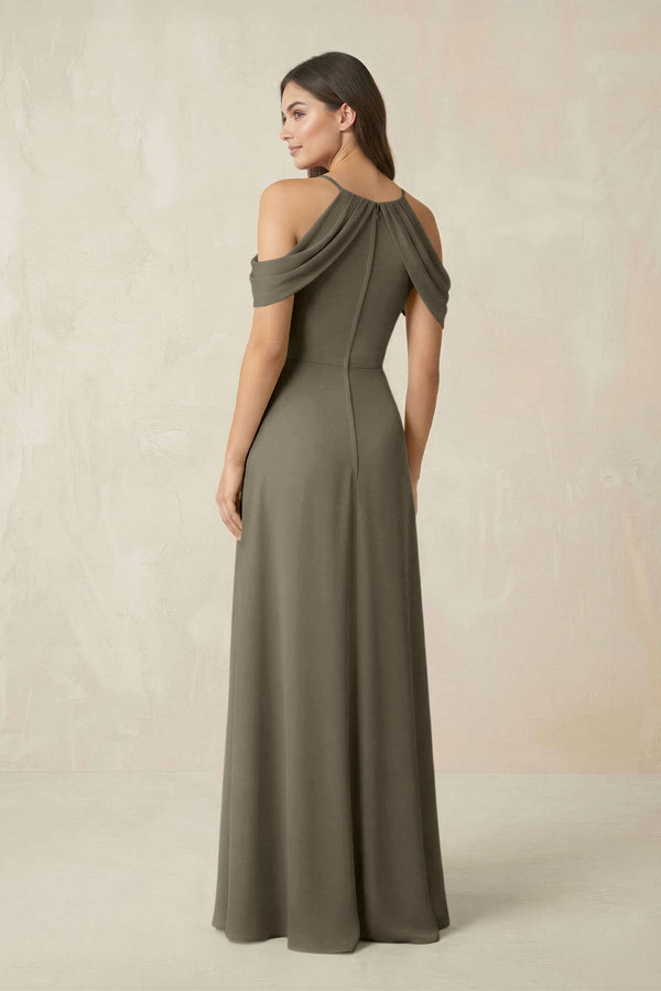 Off - the - Shoulder Chiffon Sheath Bridesmaid Dress With Slit in Willow Green - KissProm Bridesmaid Dresses