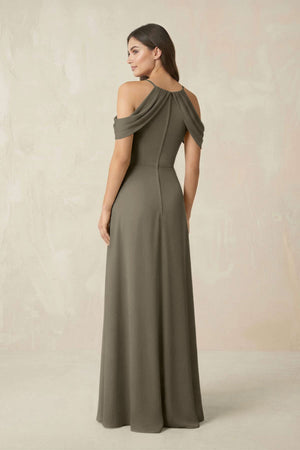Off - the - Shoulder Chiffon Sheath Bridesmaid Dress With Slit in Willow Green - KissProm Bridesmaid Dresses