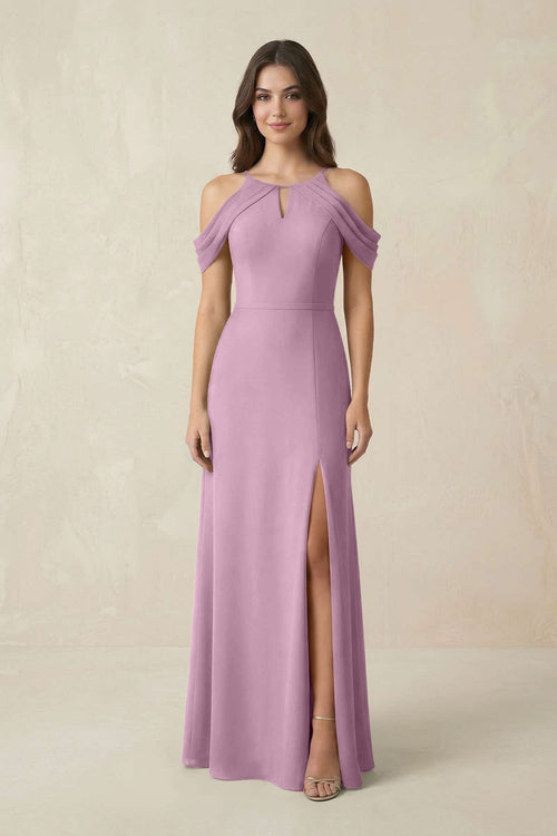 Off - the - Shoulder Chiffon Sheath Bridesmaid Dress With Slit in Wisteria - KissProm Bridesmaid Dresses