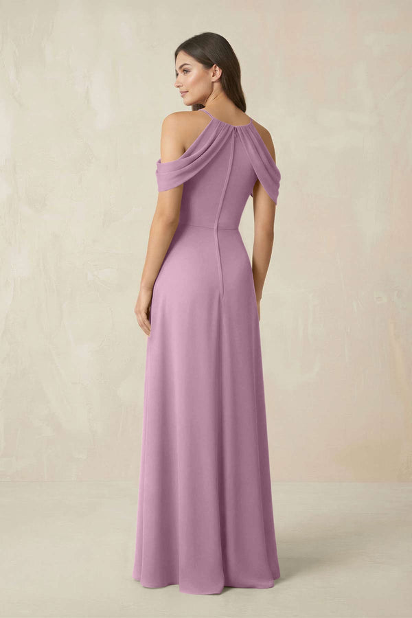 Off - the - Shoulder Chiffon Sheath Bridesmaid Dress With Slit in Wisteria - KissProm Bridesmaid Dresses