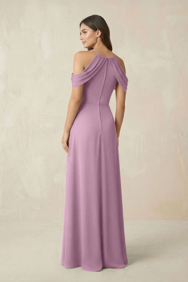 Off - the - Shoulder Chiffon Sheath Bridesmaid Dress With Slit in Wisteria - KissProm Bridesmaid Dresses