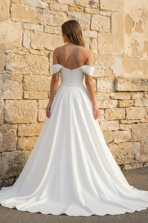 Elegant White Off - the - Shoulder Long Wedding Dress with Slit  – Wedding Dresses by KissProm | Available at KissProm