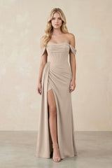 Off - the - Shoulder Corset Sheath Chiffon Bridesmaid Dress in Almond - KissProm Bridesmaid Dresses