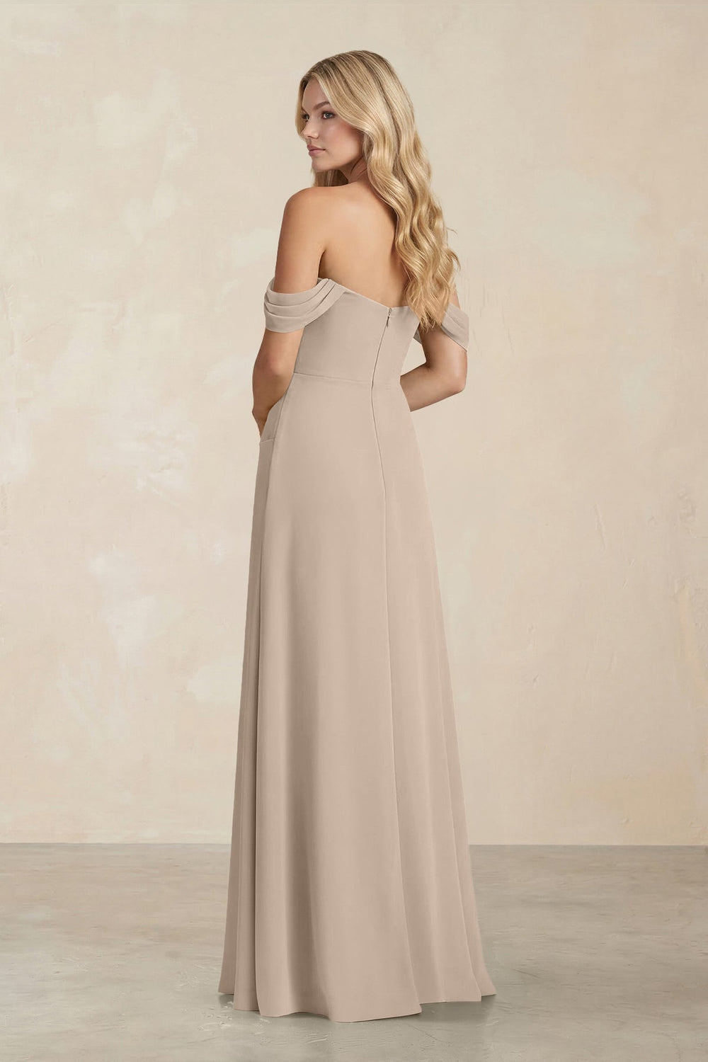 Off - the - Shoulder Corset Sheath Chiffon Bridesmaid Dress in Almond - KissProm Bridesmaid Dresses