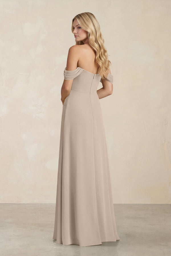Off - the - Shoulder Corset Sheath Chiffon Bridesmaid Dress in Almond - KissProm Bridesmaid Dresses