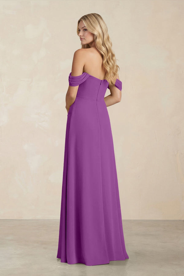 Off - the - Shoulder Corset Sheath Chiffon Bridesmaid Dress in Amethyst - KissProm Bridesmaid Dresses