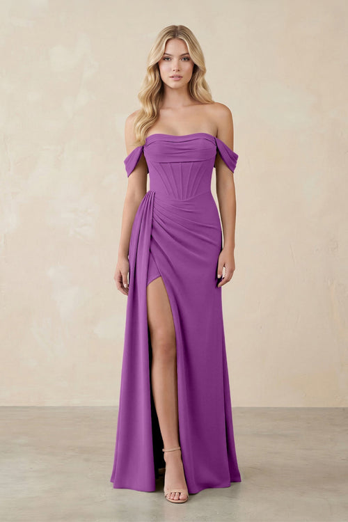 Off - the - Shoulder Corset Sheath Chiffon Bridesmaid Dress in Amethyst - KissProm Bridesmaid Dresses