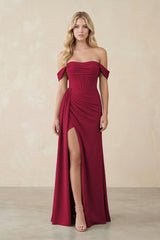 Off - the - Shoulder Corset Sheath Chiffon Bridesmaid Dress in Berry - KissProm Bridesmaid Dresses