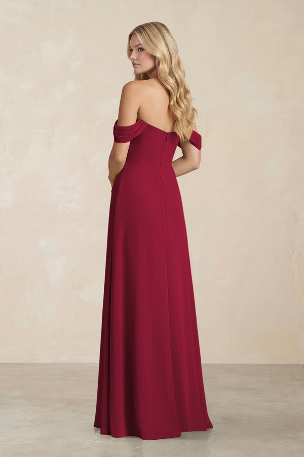 Off - the - Shoulder Corset Sheath Chiffon Bridesmaid Dress in Berry - KissProm Bridesmaid Dresses