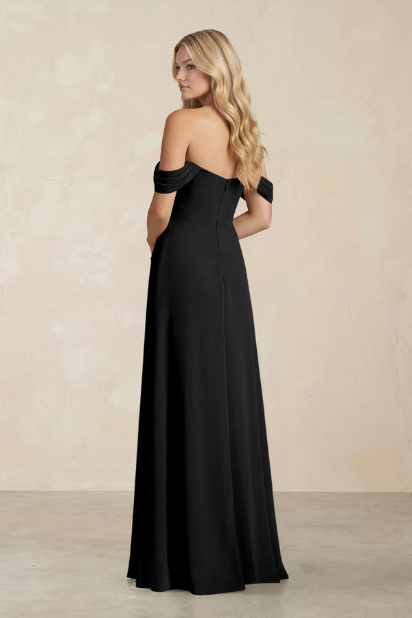 Off - the - Shoulder Corset Sheath Chiffon Bridesmaid Dress in Black - KissProm Bridesmaid Dresses