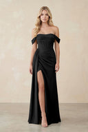 Off - the - Shoulder Corset Sheath Chiffon Bridesmaid Dress in Black - KissProm Bridesmaid Dresses