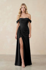 Off - the - Shoulder Corset Sheath Chiffon Bridesmaid Dress in Black - KissProm Bridesmaid Dresses