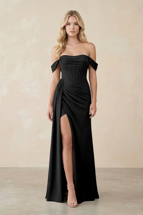 Off - the - Shoulder Corset Sheath Chiffon Bridesmaid Dress in Black - KissProm Bridesmaid Dresses