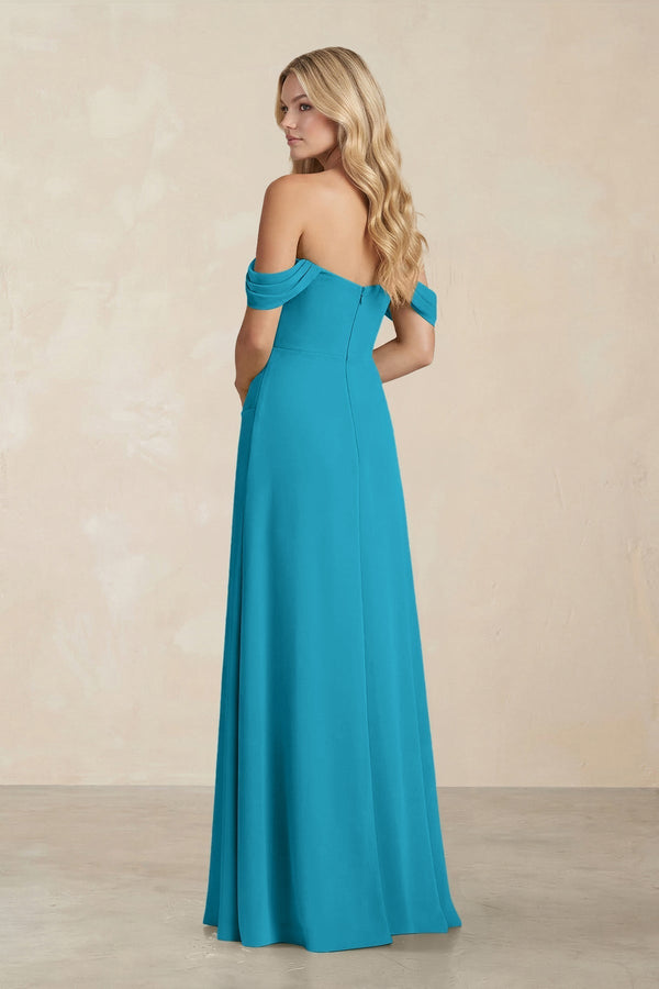 Off - the - Shoulder Corset Sheath Chiffon Bridesmaid Dress in Blue Jay - KissProm Bridesmaid Dresses