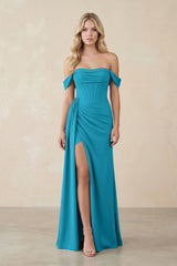 Off - the - Shoulder Corset Sheath Chiffon Bridesmaid Dress in Blue Jay - KissProm Bridesmaid Dresses