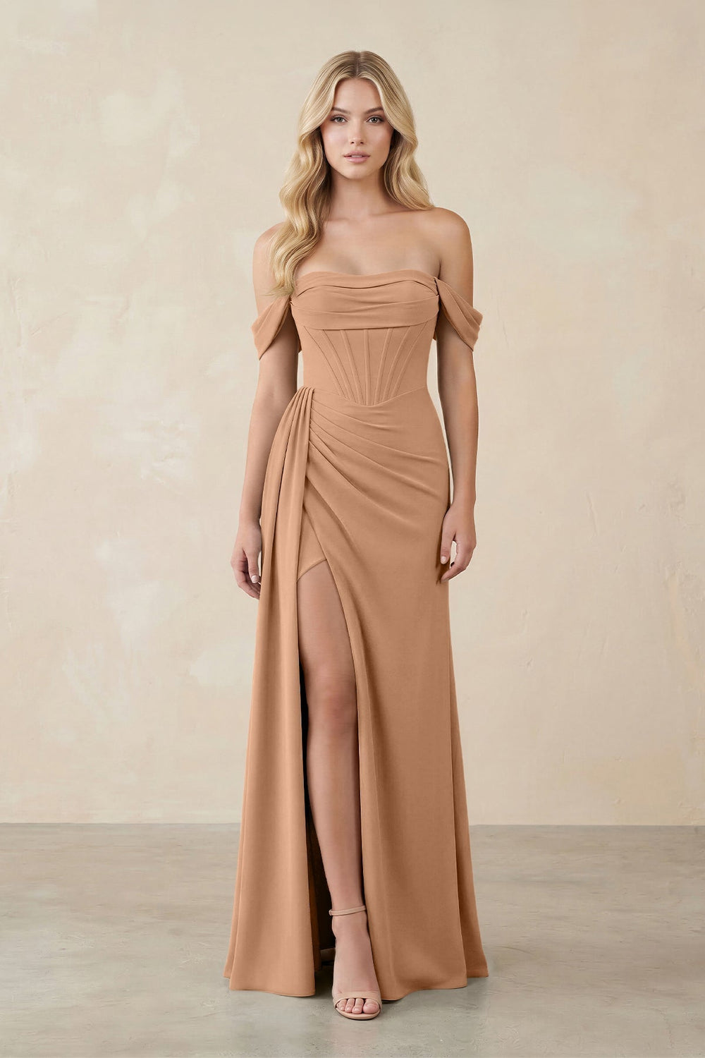 Off - the - Shoulder Corset Sheath Chiffon Bridesmaid Dress in Bronzer - KissProm Bridesmaid Dresses