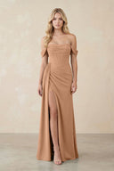 Off - the - Shoulder Corset Sheath Chiffon Bridesmaid Dress in Bronzer - KissProm Bridesmaid Dresses